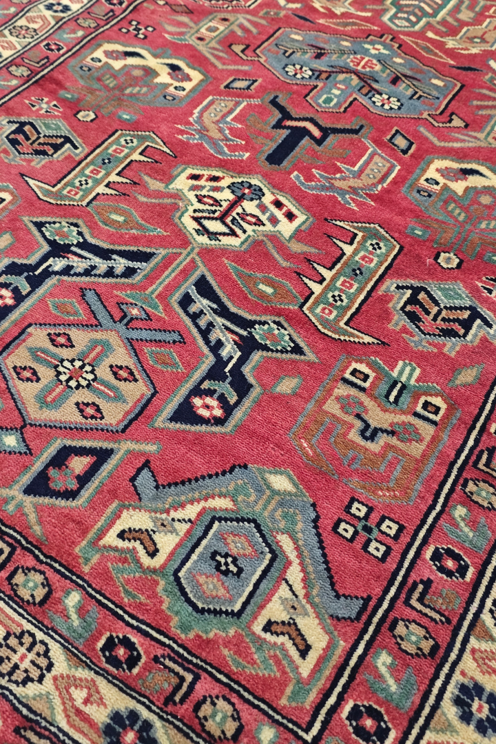 Rose and Teal Serrated Leaf Medallion, Hand-Knotted Wool Rug