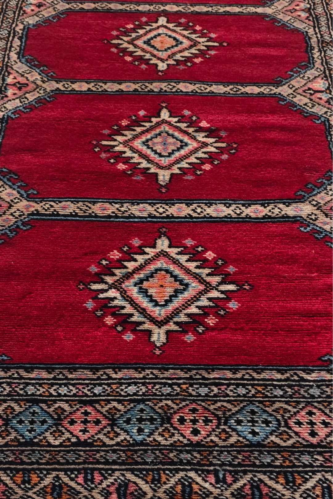 Crimson and Salmon Compartment Panel, Hand-Knotted Wool Rug