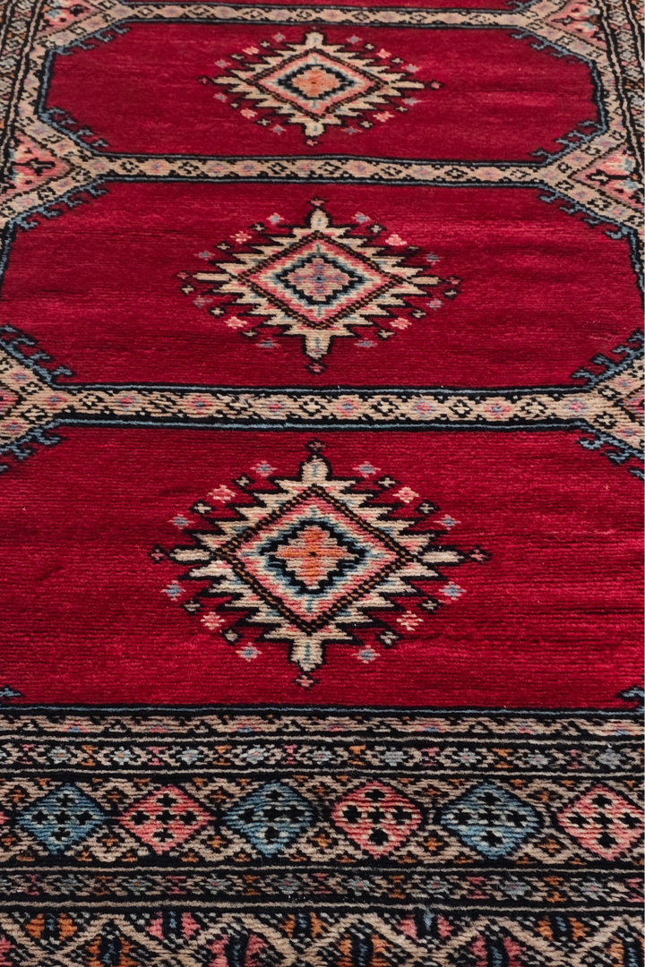 Crimson and Salmon Compartment Panel, Hand-Knotted Wool Rug