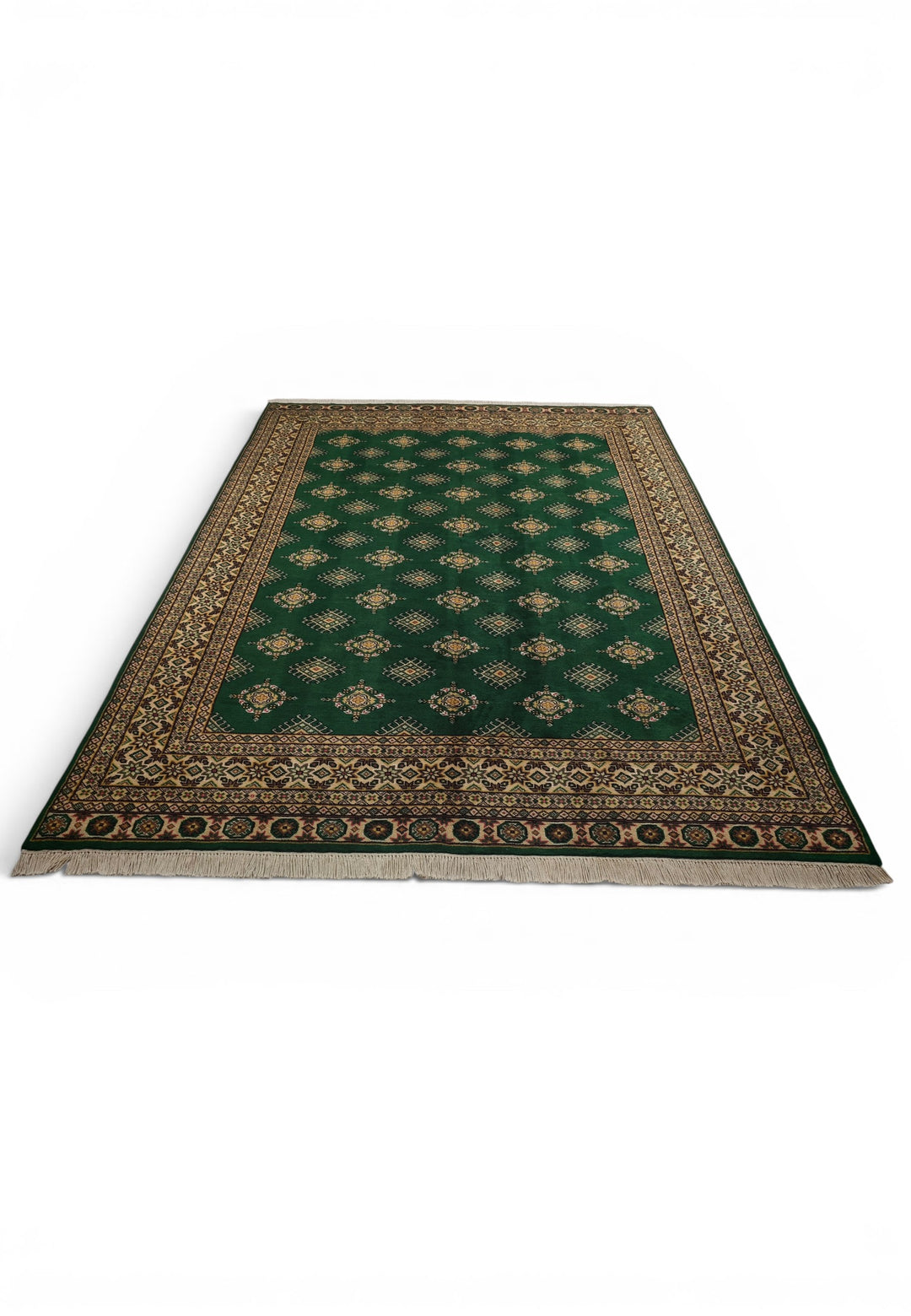 Pine Green &amp; Cream Diamond Jaldar Rug, Hand-Knotted Pakistani Wool