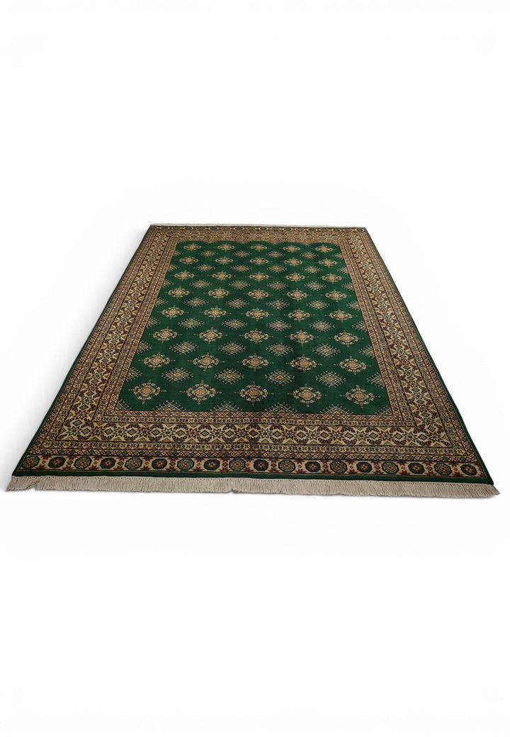Pine Green &amp; Cream Diamond Jaldar Rug, Hand-Knotted Pakistani Wool