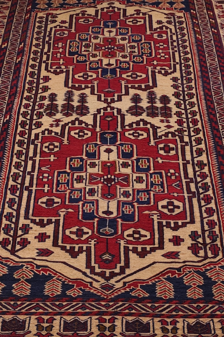 Deep Red and Camel Stepped Turkmen Medallion Kilim, Hand-Woven Wool