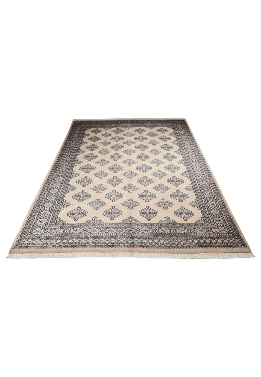 Cream and Espresso Turkmen Gül Bokhara, Hand-Knotted Wool Rug