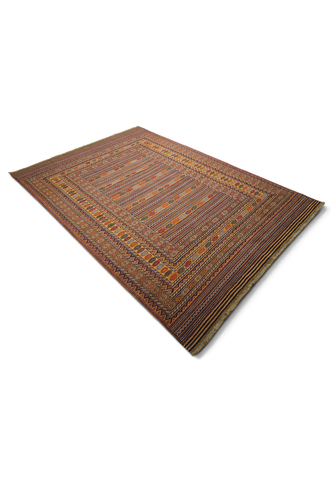Saffron Gold and Plum Banded Kilim, Hand-Woven Wool