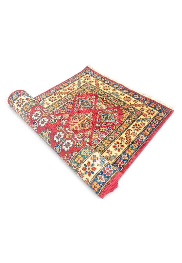 Red and Ivory All-Over Floral Kazak, Hand-Knotted Wool Rug