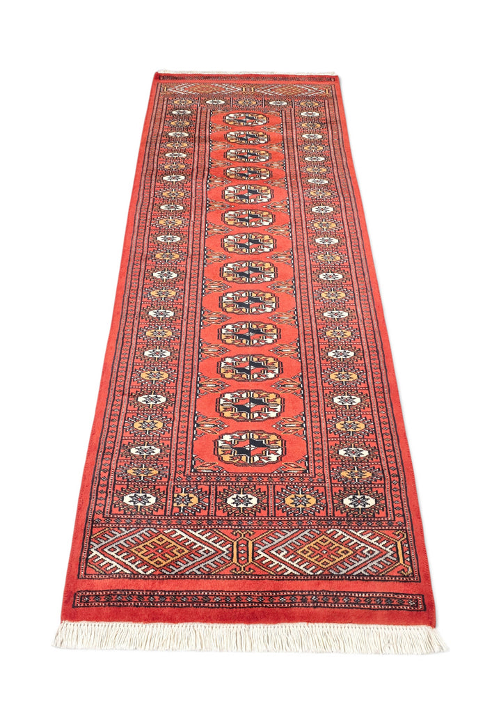 Red and Orange Turkmen Gül Bokhara, Hand-Knotted Wool Rug