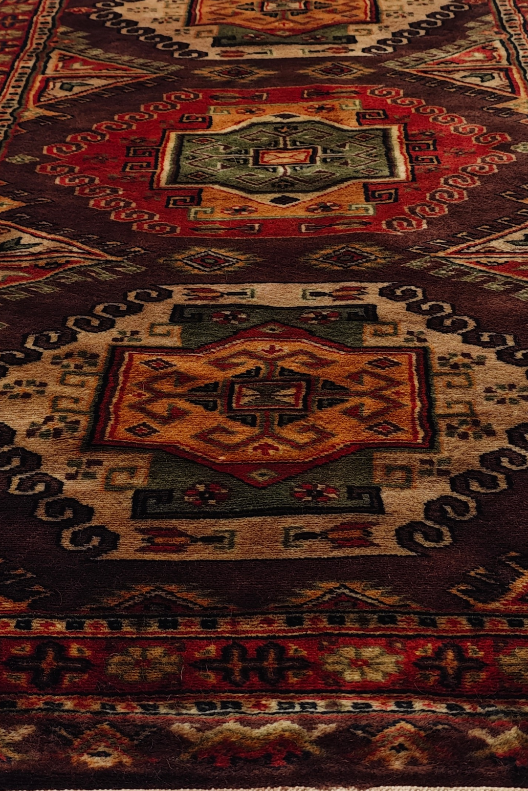 Espresso and Madder Red Scrolled Medallion, Hand-Knotted Wool Rug