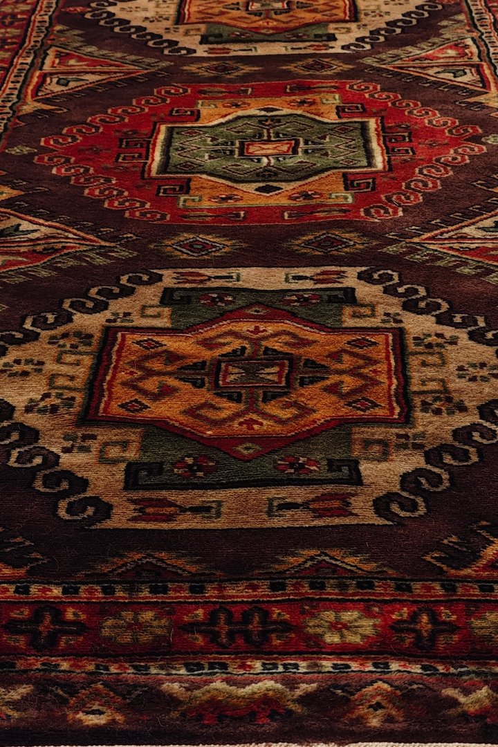 Espresso and Madder Red Scrolled Medallion, Hand-Knotted Wool Rug