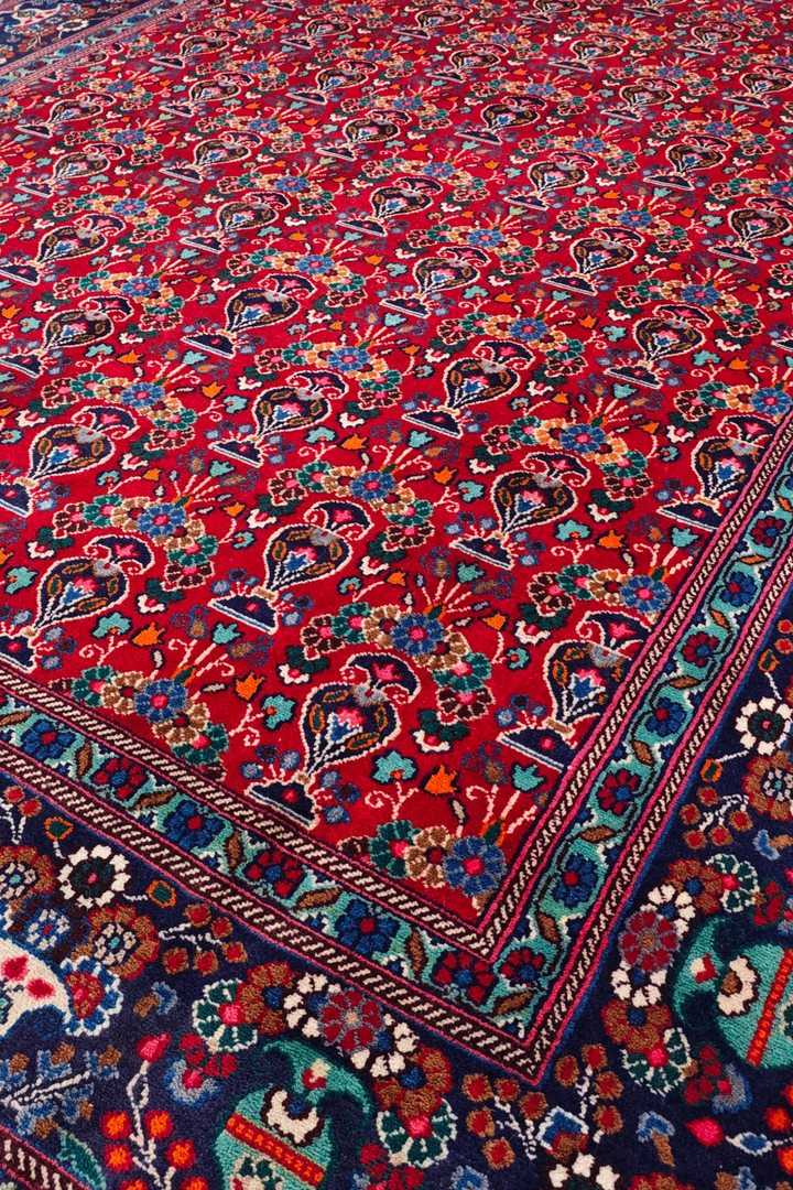 Cherry-Red Boteh Persian Moud, Hand-Knotted Wool Rug