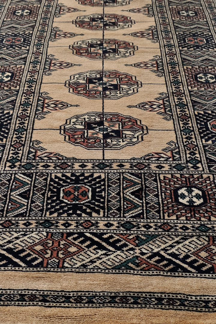 Camel and Navy Turkmen Gül Bokhara, Hand-Knotted Wool Rug