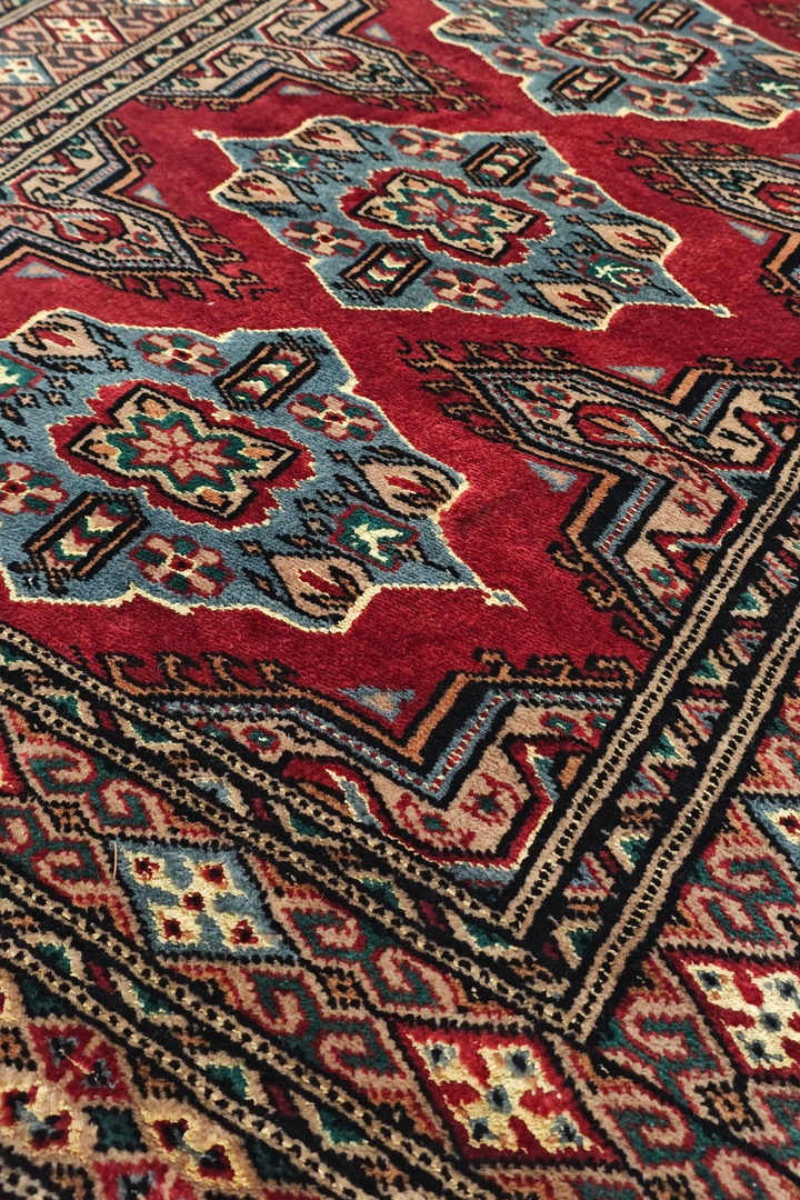 Crimson and Sea Green Jaldar Lozenge, Hand-Knotted Wool Rug
