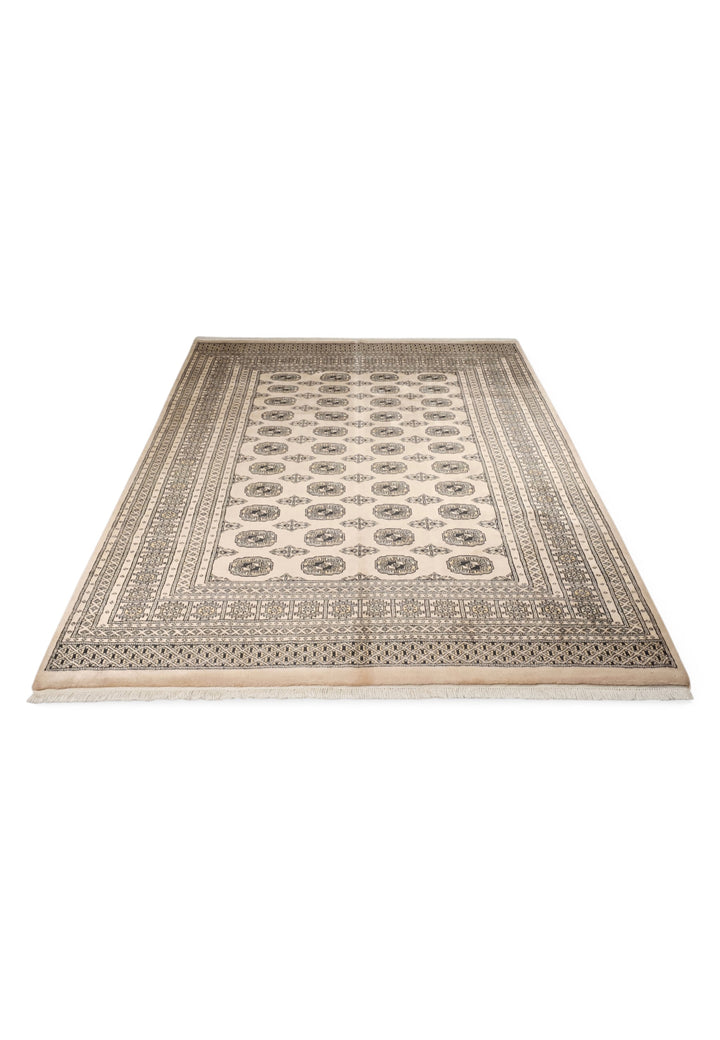 Cream and Walnut Turkmen Gül Bokhara, Hand-Knotted Wool Rug