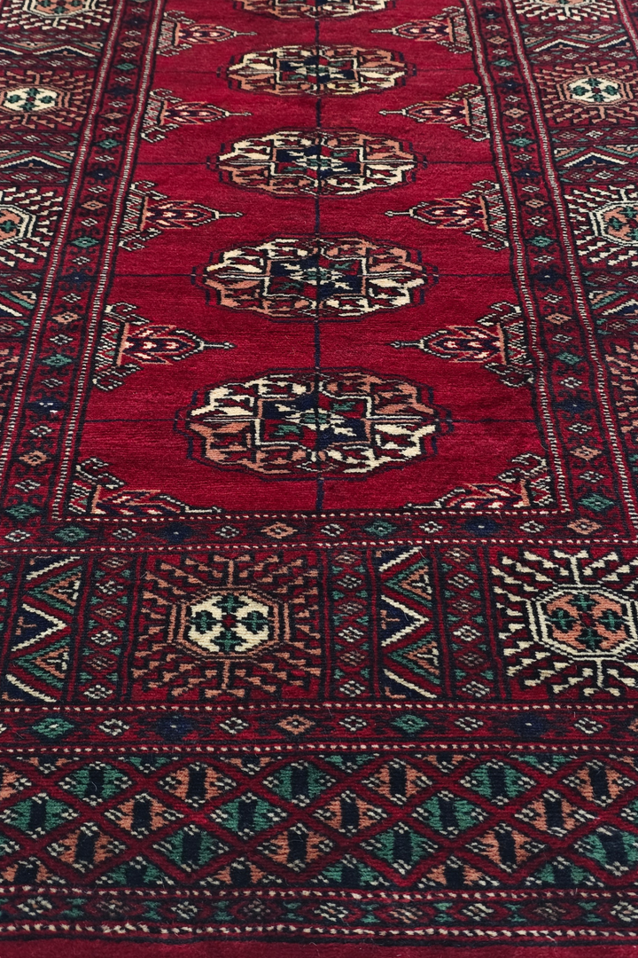 Wine Red and Cream Single Column Gül Bokhara, Hand-Knotted Wool Rug