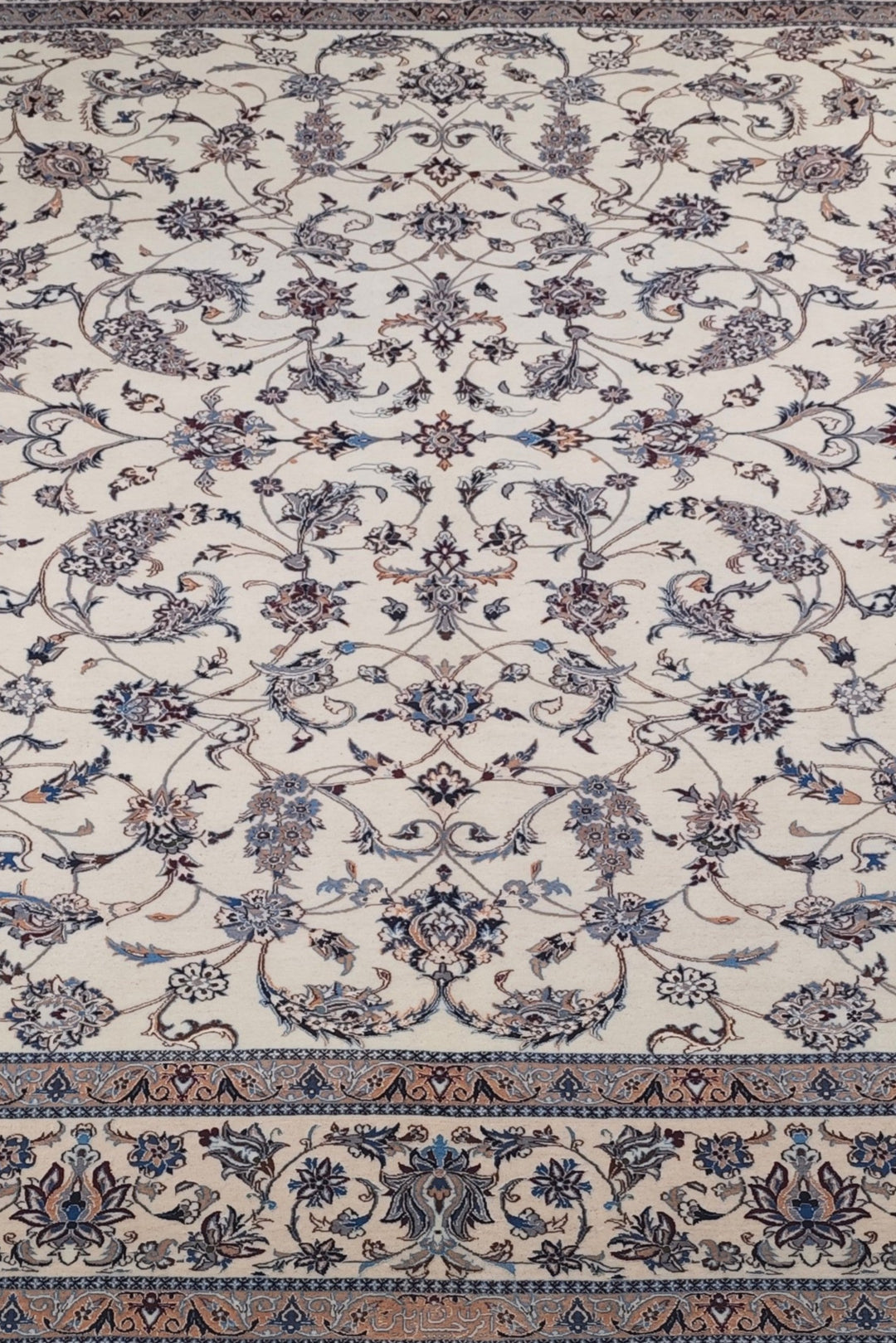 Ivory and Salmon All-Over Arabesque Nain, Hand-Knotted Wool Rug