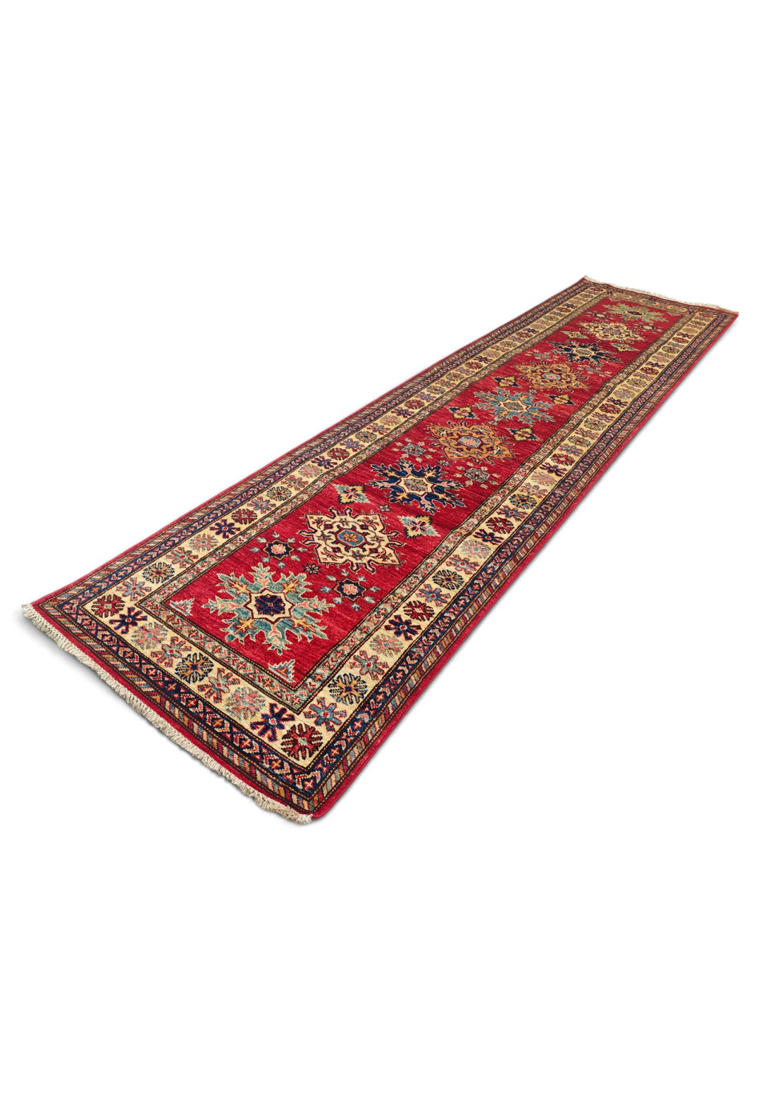 Red and Cream Serrated Star Kazak, Hand-Knotted Wool Rug