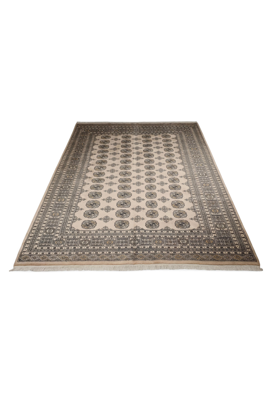 Sand and Espresso Gül and Tree Bokhara, Hand-Knotted Wool Rug