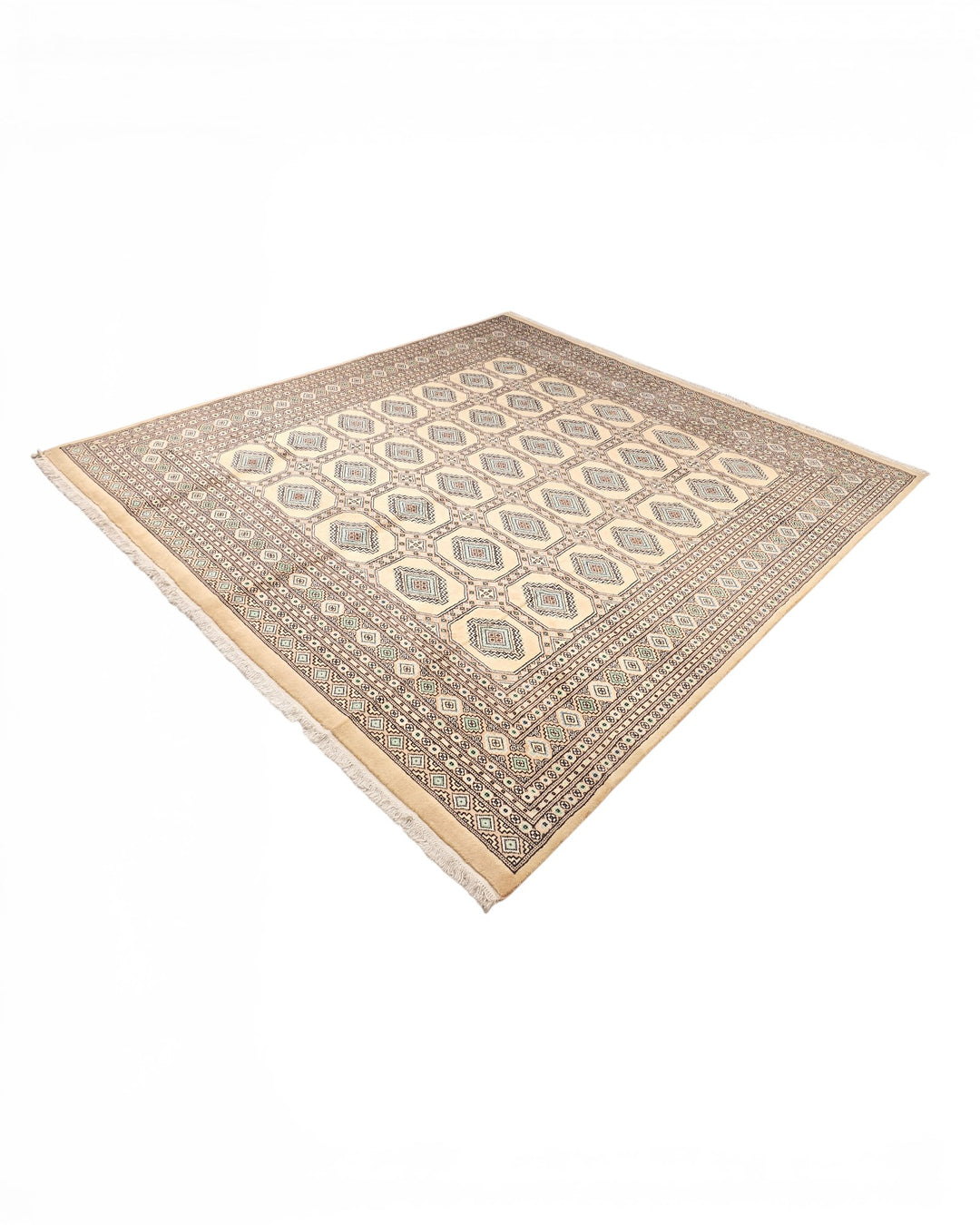 Camel Turkmen Gül Bokhara Square Rug, Hand-Knotted Pakistani Wool