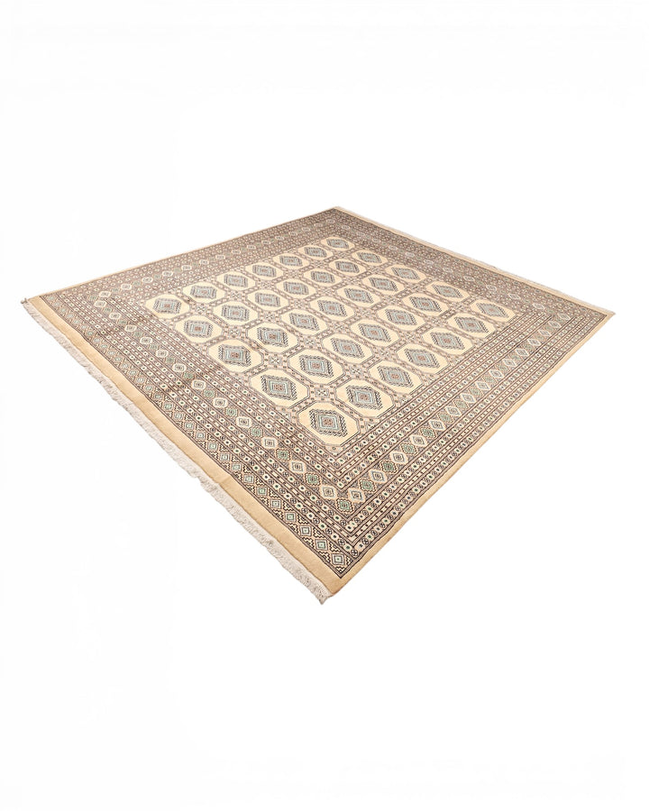 Camel Turkmen Gül Bokhara Square Rug, Hand-Knotted Pakistani Wool