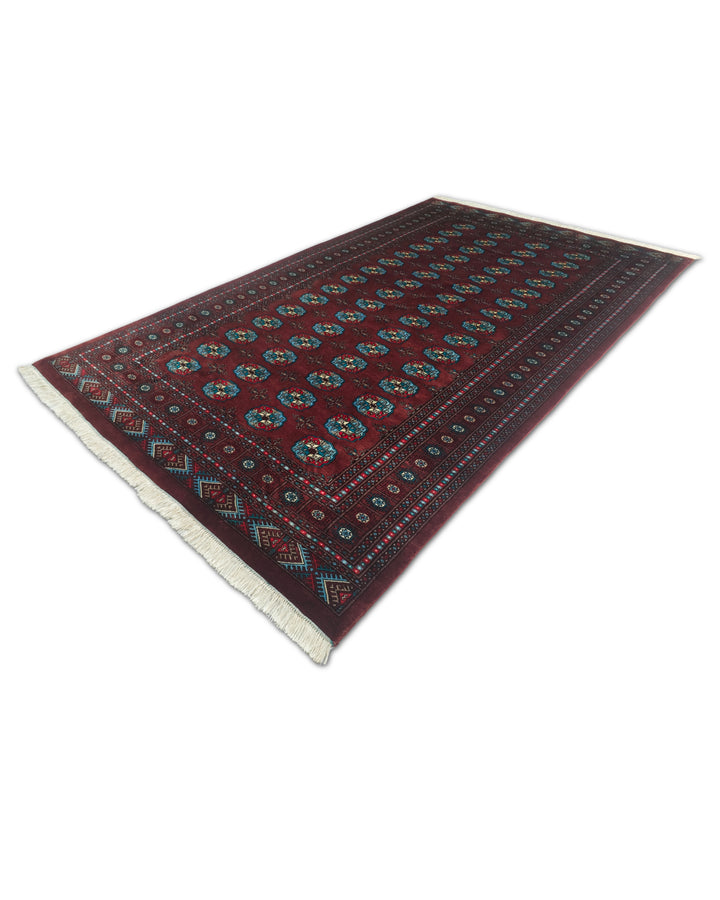 Oxblood and Blue Turkmen Gül Bokhara, Hand-Knotted Wool Rug