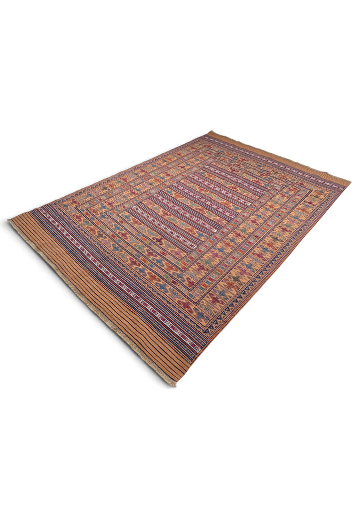 Apricot Camel and Indigo Banded Kilim, Hand-Woven Wool