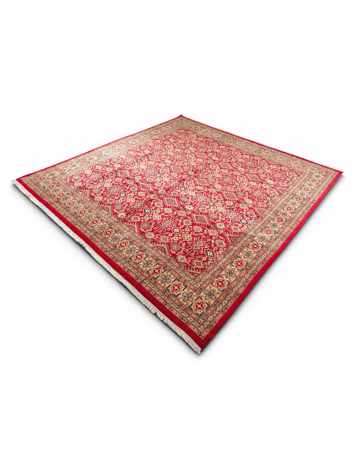 Red Pakistani Jaldar, Hand-Knotted Wool Rug