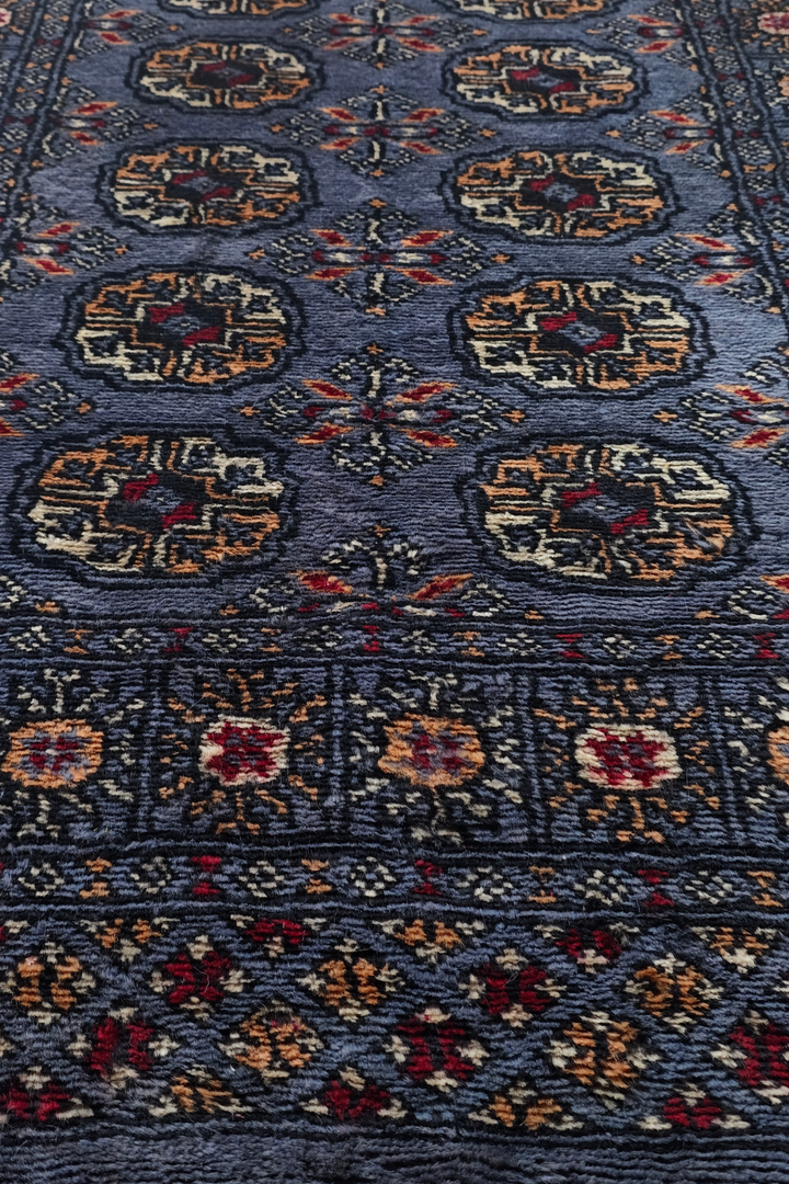 Slate Blue and Camel Turkmen Gül Bokhara, Hand-Knotted Wool Rug