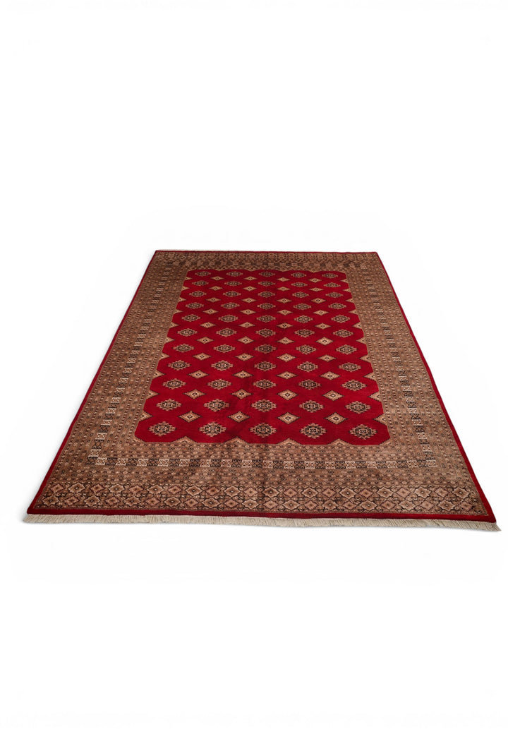 Brick Red &amp; Cream Diamond Jaldar Rug, Hand-Knotted Pakistani Wool &amp; Silk
