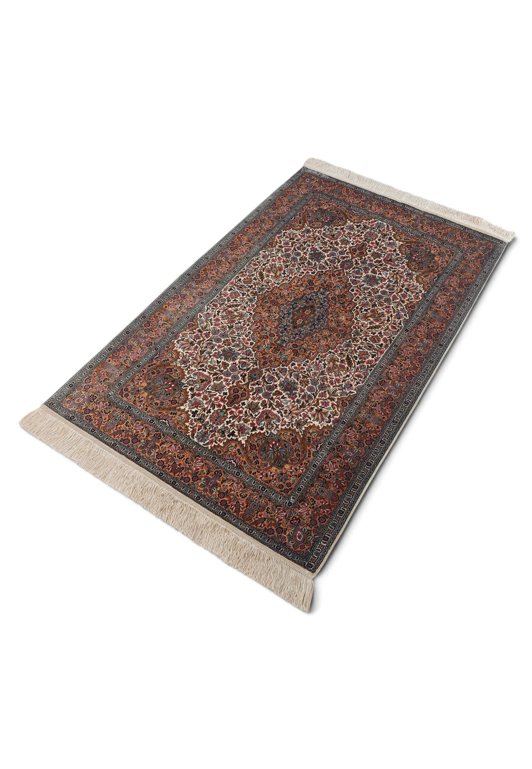 Cream and Brown Boteh Medallion, Hand-Knotted Silk Rug