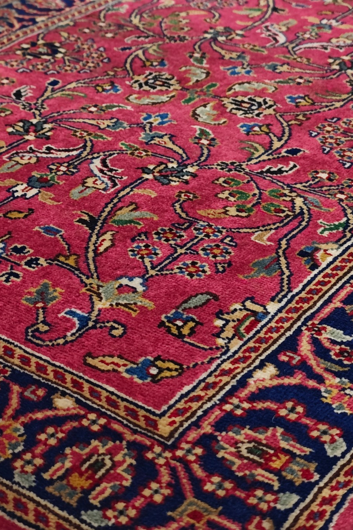 Magenta and Navy Hereke Floral, Hand-Knotted Wool Rug