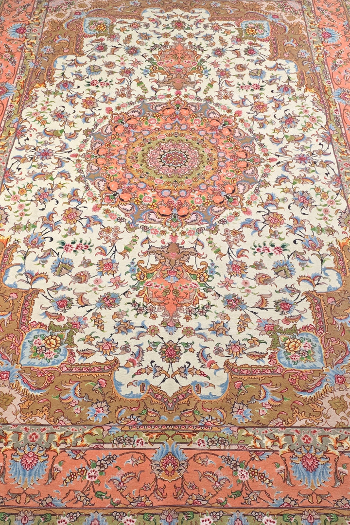 Ivory and Coral Radiating Medallion Tabriz, Hand-Knotted Wool Rug