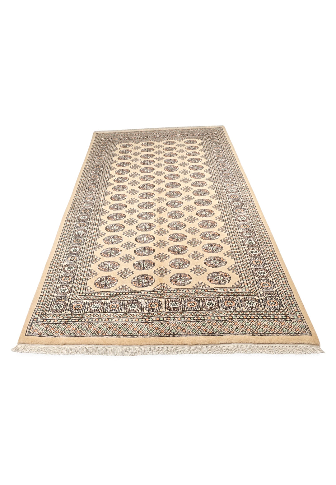 Warm Gold and Espresso Turkmen Gül Bokhara, Hand-Knotted Wool Rug