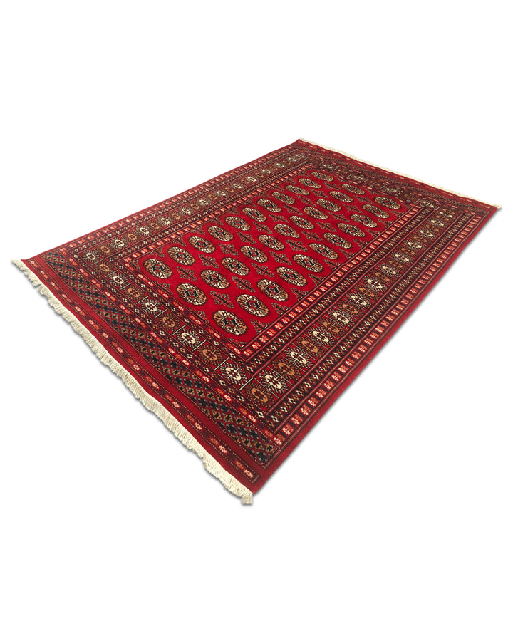 Bright Red Turkmen Gül Bokhara Rug, Hand-Knotted Pakistani Wool