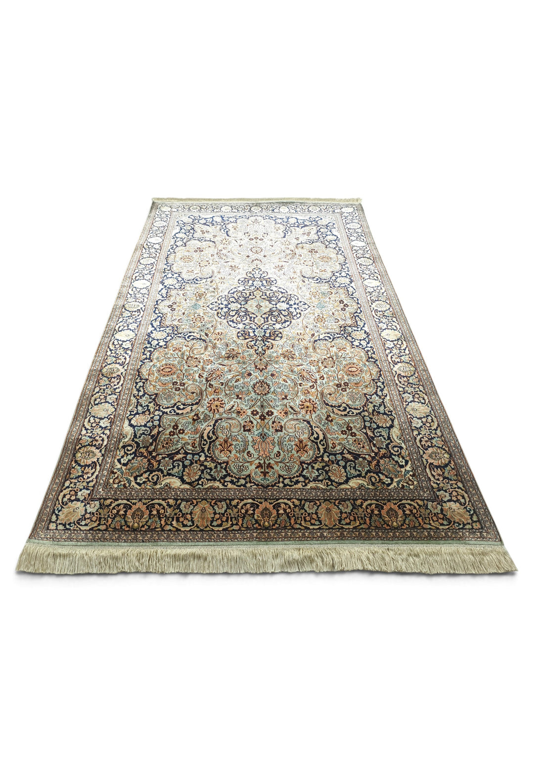 Sage Green and Black Arabesque Medallion, Hand-Knotted Silk Rug