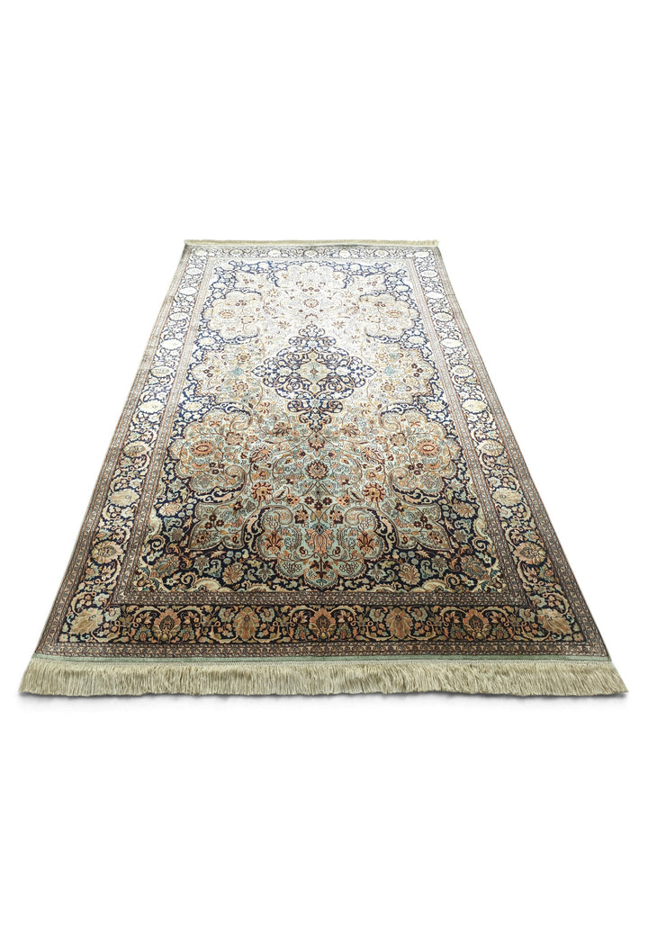 Sage Green and Black Arabesque Medallion, Hand-Knotted Silk Rug