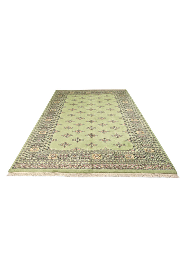 Olive Green Open Field Bokhara, Hand-Knotted Wool Rug