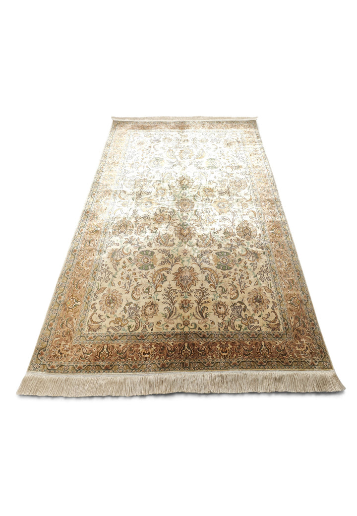 Gold and Brown Afshan All-Over Floral, Hand-Knotted Silk Rug