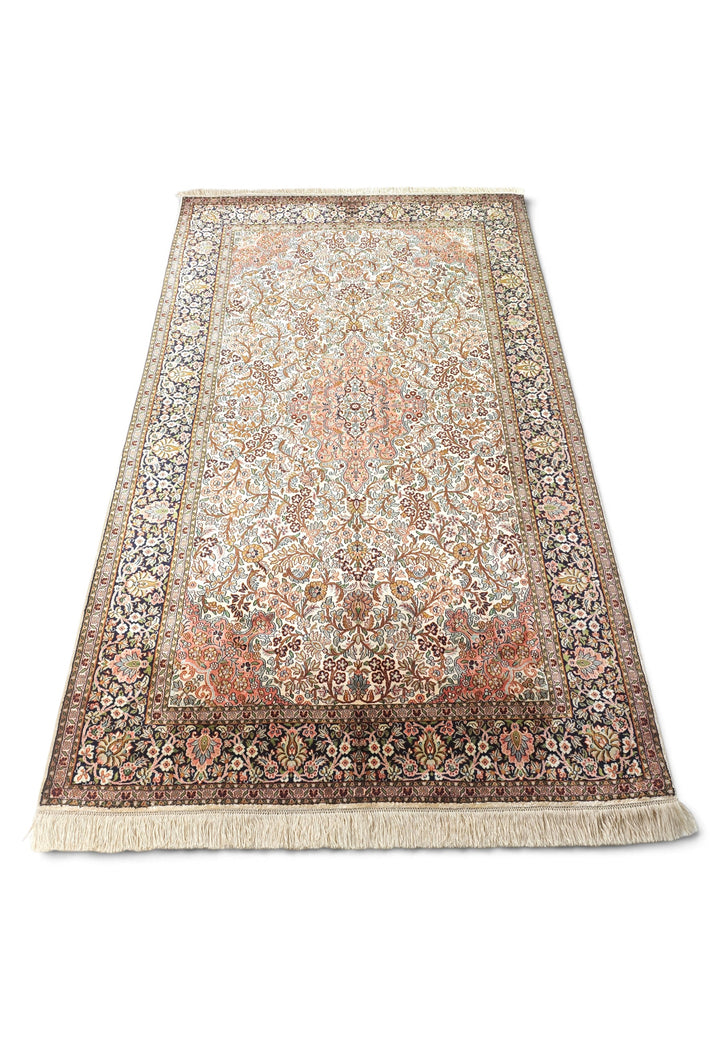 Ivory and Rust Floral Medallion, Hand-Knotted Silk Rug