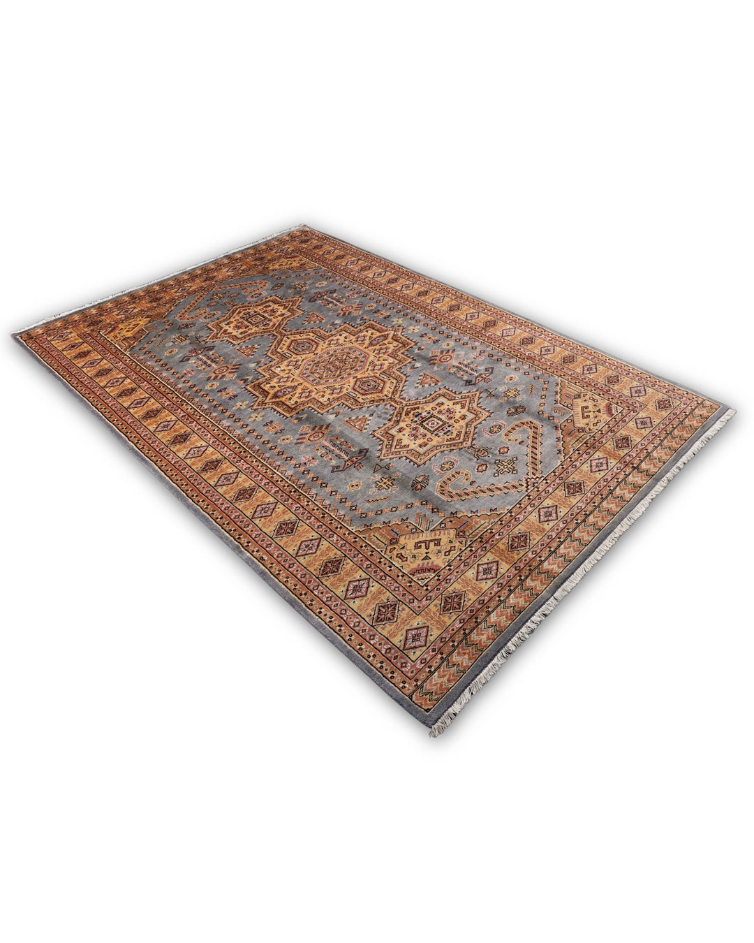 Grey &amp; Gold Tribal Medallion Jaldar Rug, Hand-Knotted Pakistani Wool &amp; Silk