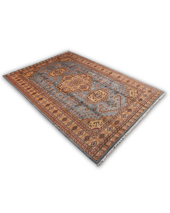 Grey &amp; Gold Tribal Medallion Jaldar Rug, Hand-Knotted Pakistani Wool &amp; Silk