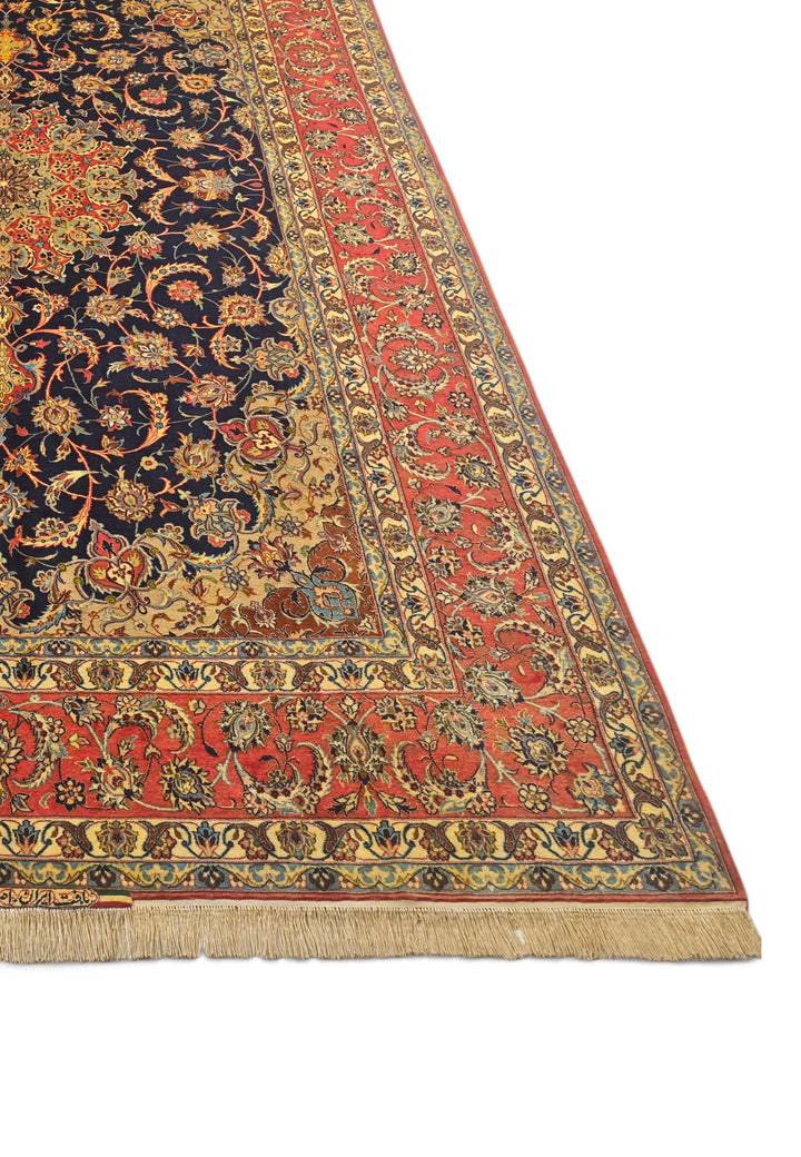 Indigo and Terracotta Medallion Sirafian Isfahan, Hand-Knotted Wool Rug