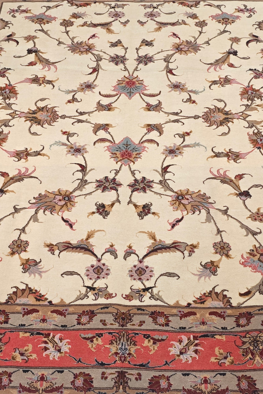 Ivory and Coral Serrated Leaf Tabriz, Hand-Knotted Wool Rug