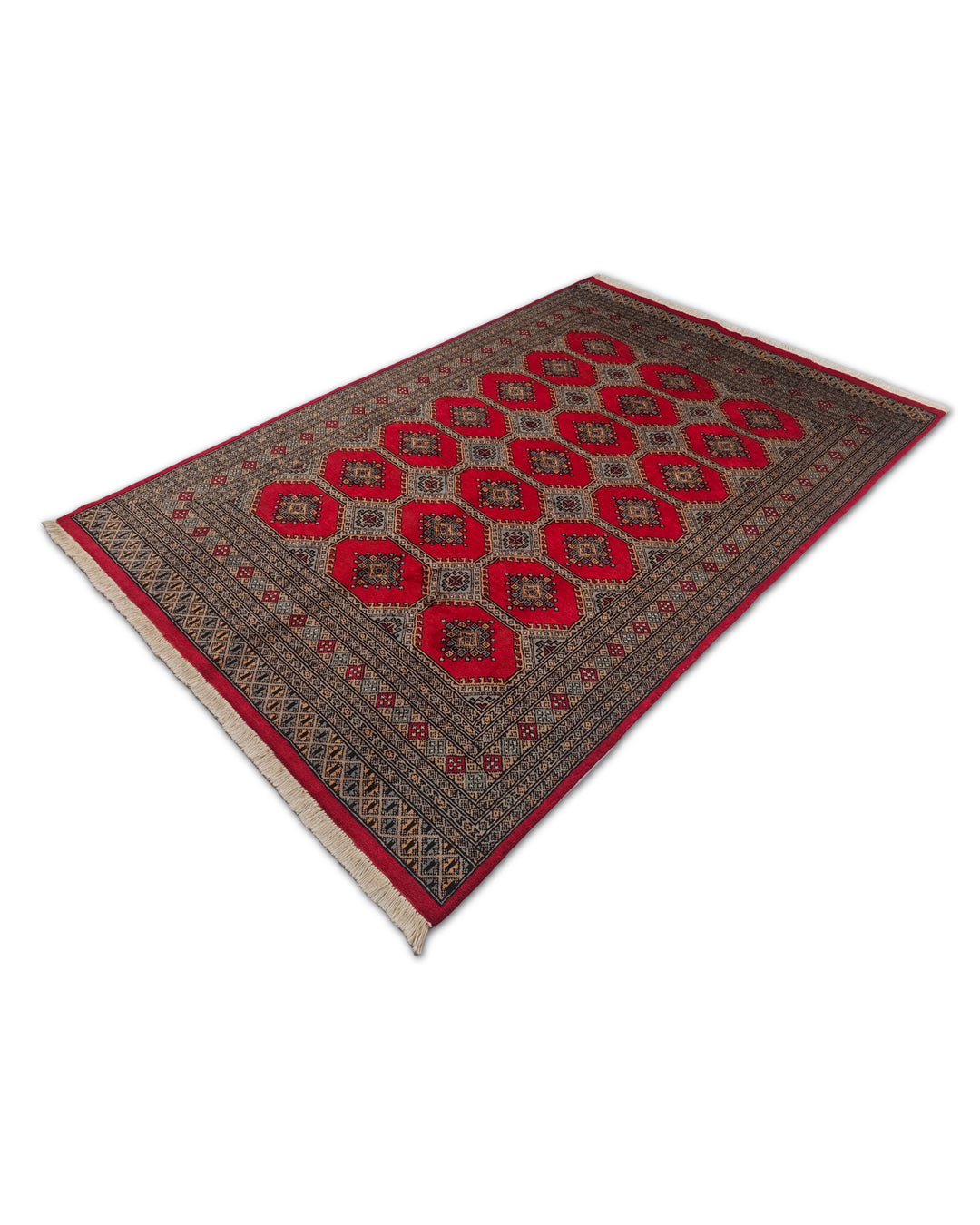 Bright Red and Sand Jaldar Lattice Gül, Hand-Knotted Wool Rug