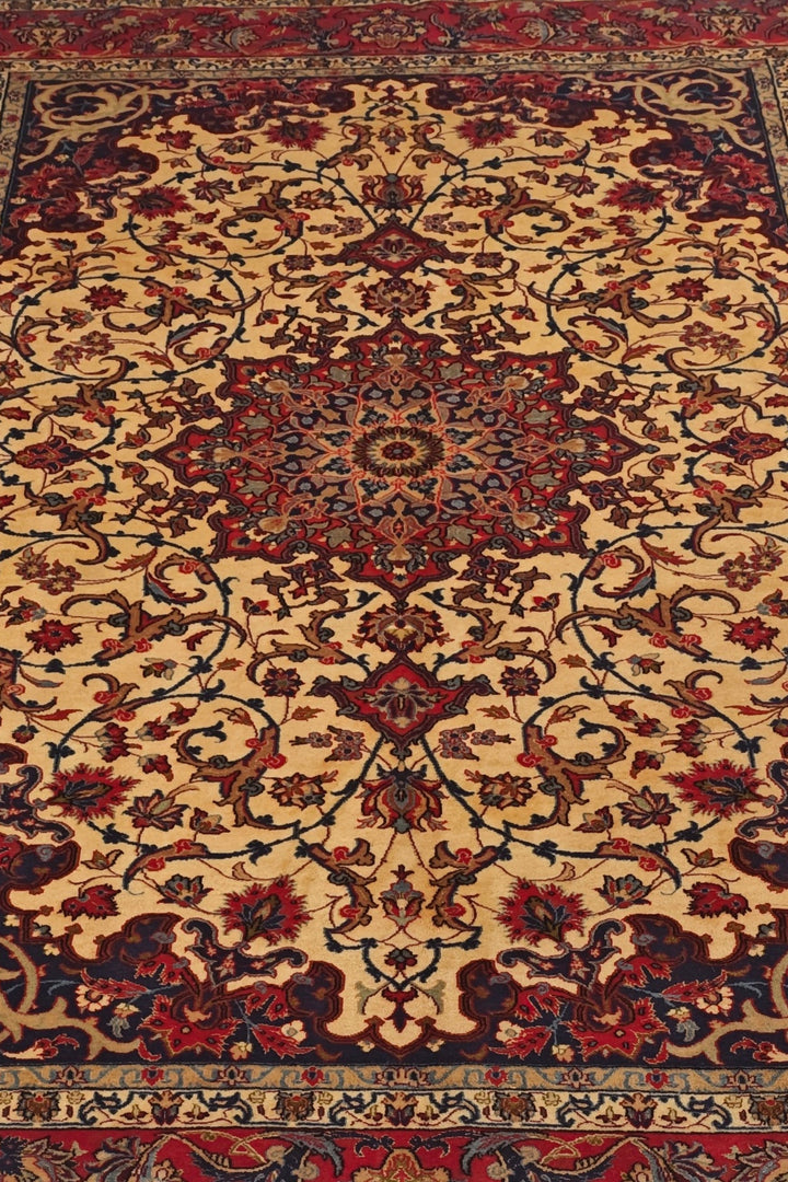 Gold and Red Medallion Sirafian Isfahan, Hand-Knotted Wool Rug