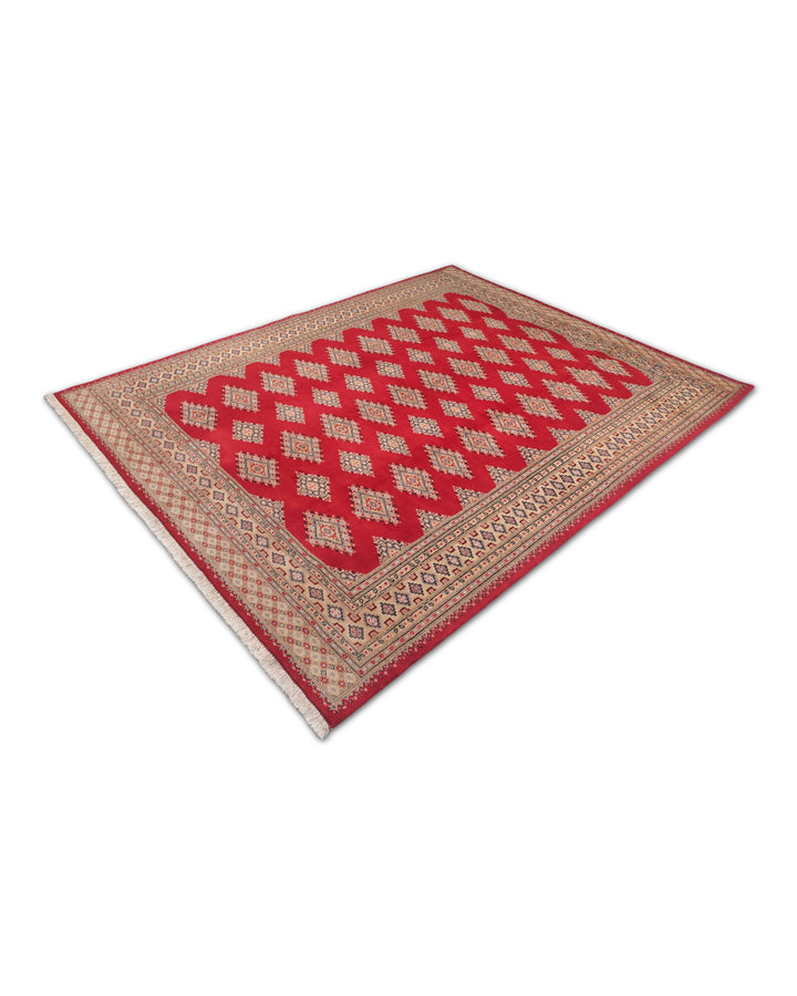 Crimson and Camel Jaldar Diamond Gül, Hand-Knotted Wool and Silk Rug