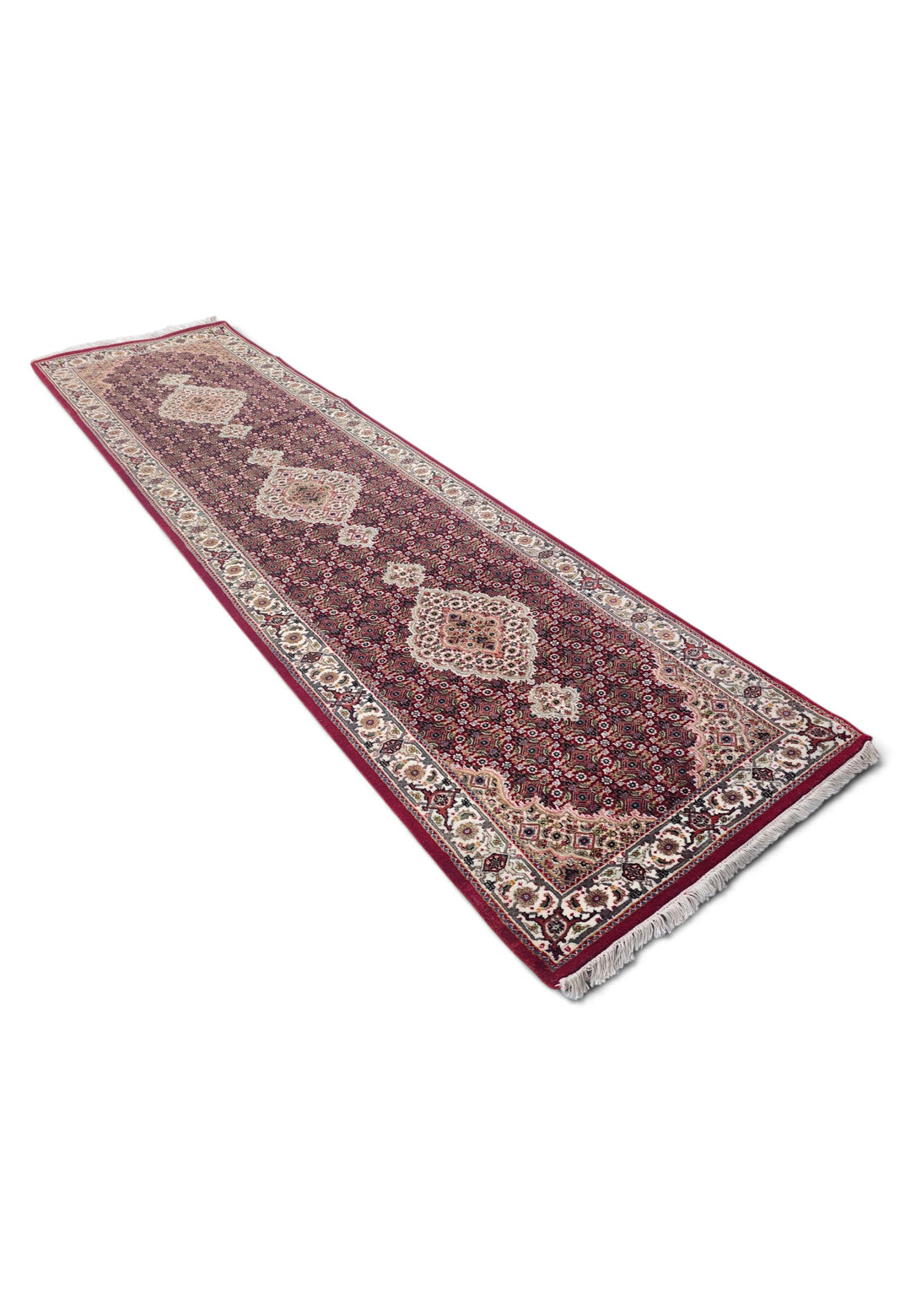 Deep Red and Ivory Mahi Medallion Tabriz, Hand-Knotted Wool Rug