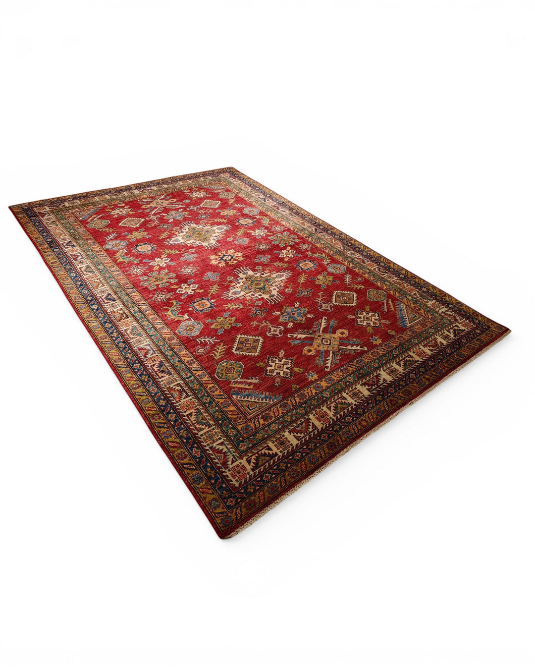 Red &amp; Gold Tribal Kazak Rug, Hand-Knotted Afghan Wool