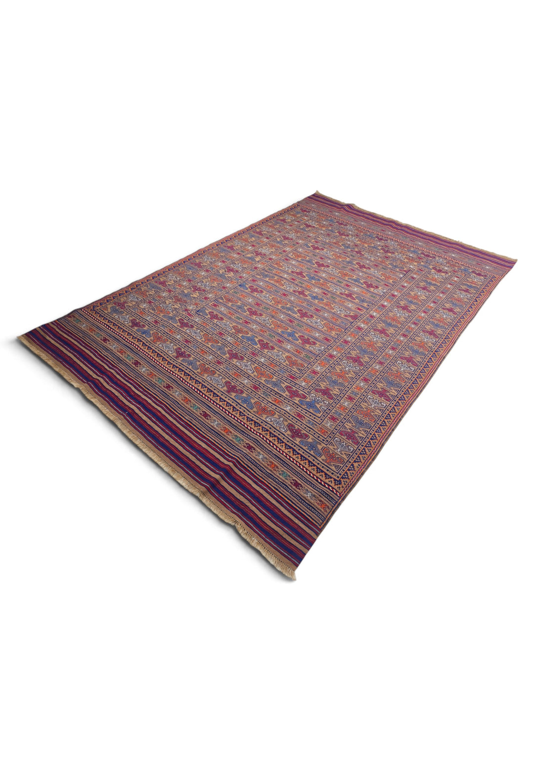 Camel and Burgundy Banded Kilim, Hand-Woven Wool