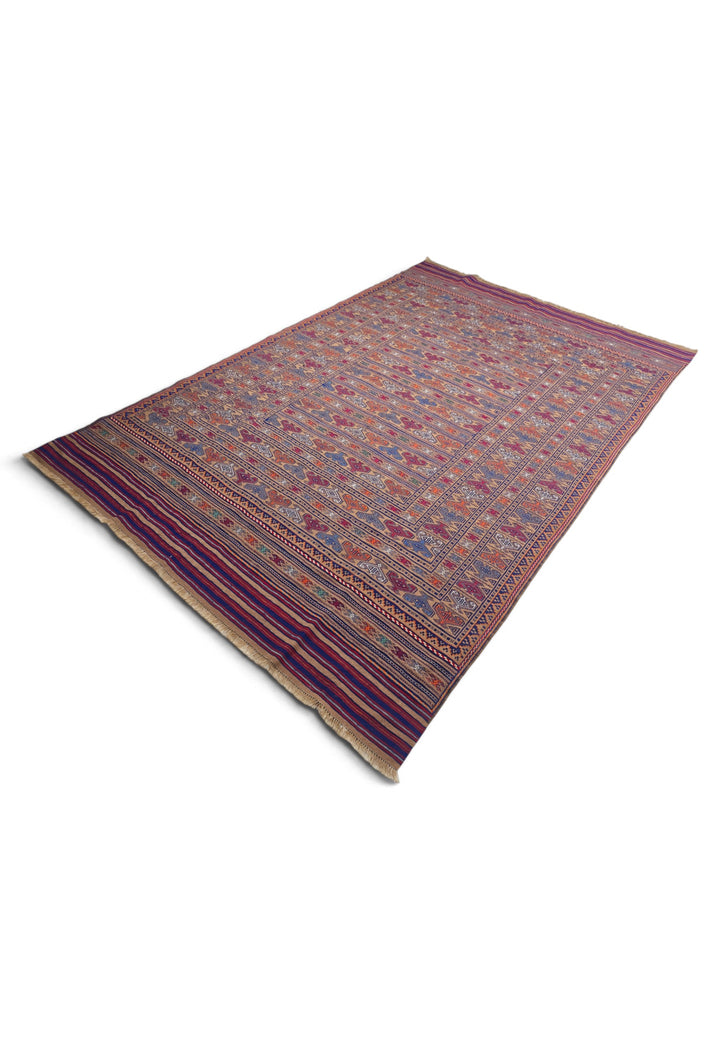 Camel and Burgundy Banded Kilim, Hand-Woven Wool