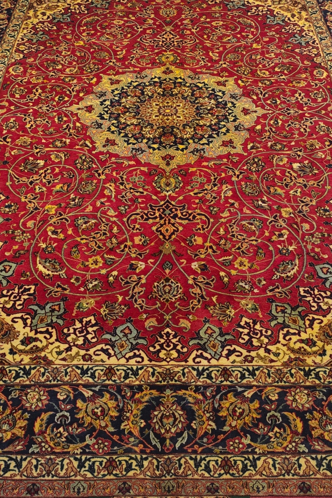 Crimson and Gold Medallion Sirafian Isfahan, Hand-Knotted Wool Rug