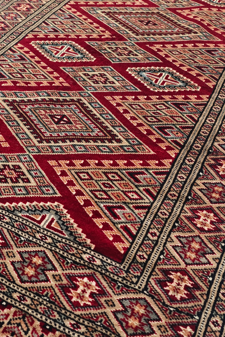 Wine and Cream Jaldar Lattice, Hand-Knotted Wool and Silk Rug